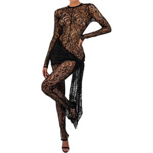 VOIKERDR Combinaison en dentelle noire pour femme, taille haute, manches longues, sans couture, tenue de soirée moulante - Product Image 3