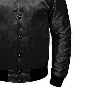 Wholesale Custom Satin Varsity Jackets for Men High Street Style Winter Wear Clothing With <b>Covered</b> <b>Button</b> Men Satin Jacket - Product Image 4