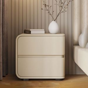 Mesita de Noche Moderna Minimalista de Cuero Color Crema con 2 Cajones, Mueble de Dormitorio Ensamblado - Product Image 1