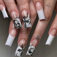 Bestseller transfrontalier : Autocollants pour ongles personnalisables, style français minimaliste blanc, motifs tête de mort et visage de fantôme d'Halloween, faux ongles.