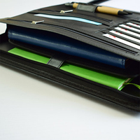Porte-documents en cuir vegan noir PU, organiseur, porte-cartes de visite, bloc-notes, calculatrice solaire, fermeture à boucle, 32x25cm