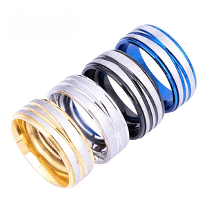 18K PVD Gold, Silver, <b>Black</b> & Blue Stainless Steel Striped Brushed Finish <b>Rings</b> | Durable Fashion Band <b>for</b> <b>Men</b> & Women - Product Image 1