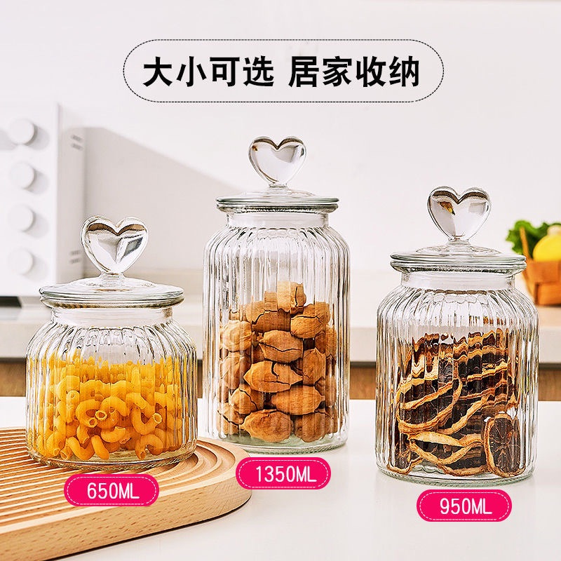 100~2000ml Love cover glass storage jar food-grade sealed jar kitchen grains storage bottle with lid size