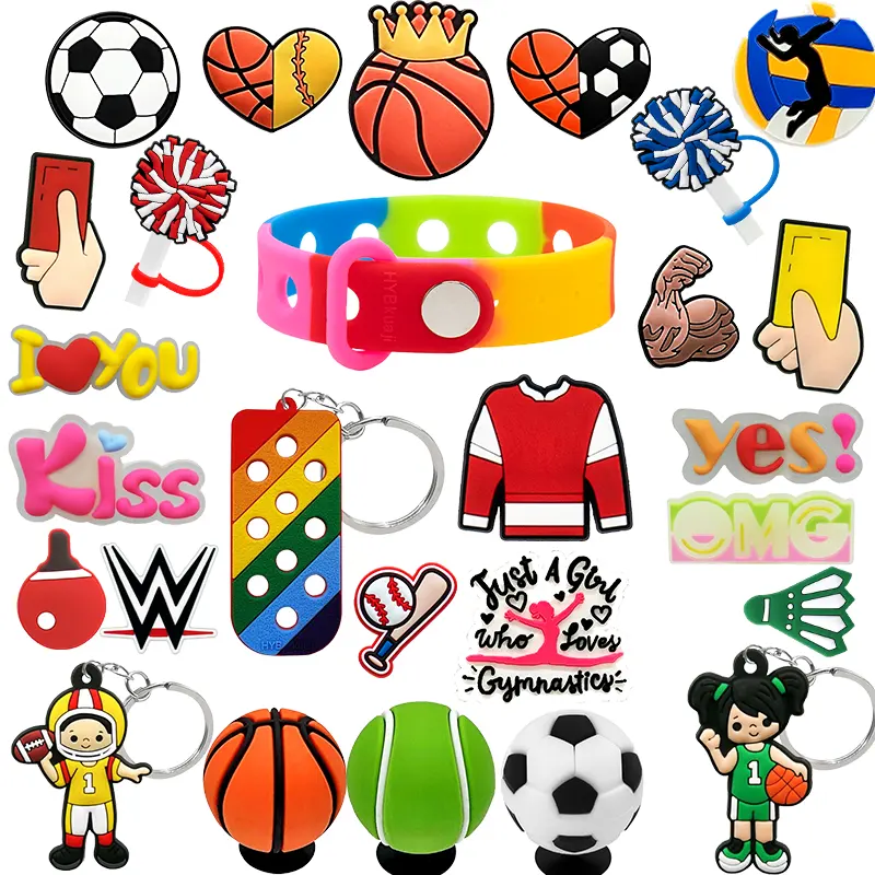 HYB kuaji nuevo estilo 3D PVC deportes juegos brillante baloncesto serie conjuntos pulsera para zapato encantos