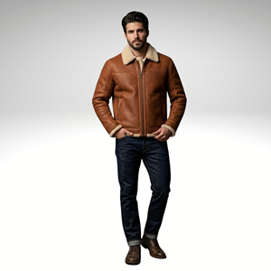 Premium Whiskey <b>Brown</b> Color Genuine <b>Leather</b> Shearling Bomber <b>Jacket</b> for <b>Men</b> - Product Image 1