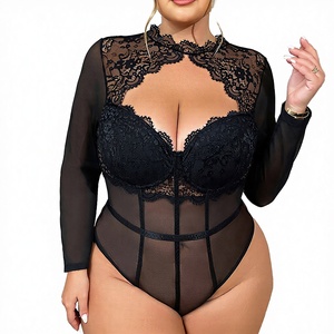 European American New Plus Size Sexy Lingerie Lace See Through Hollow <b>Open</b> Crotch Bodysuit Jumpsuit Mesh Fat mm - Product Image 4