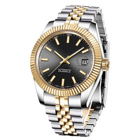 Montre mécanique pour homme avec logo personnalisé OEM ODM, acier inoxydable, lunette cannelée, cadran noir, affichage de la date, montre-bracelet de luxe pour affaires