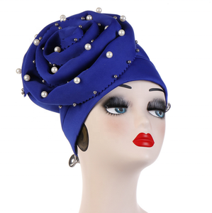 여성 세련된 사이드 큰 꽃 다이아몬드 장식 Turban 모자 이슬람 모자 진주 면화 터번 반다나 Headwrap - Product Image 1