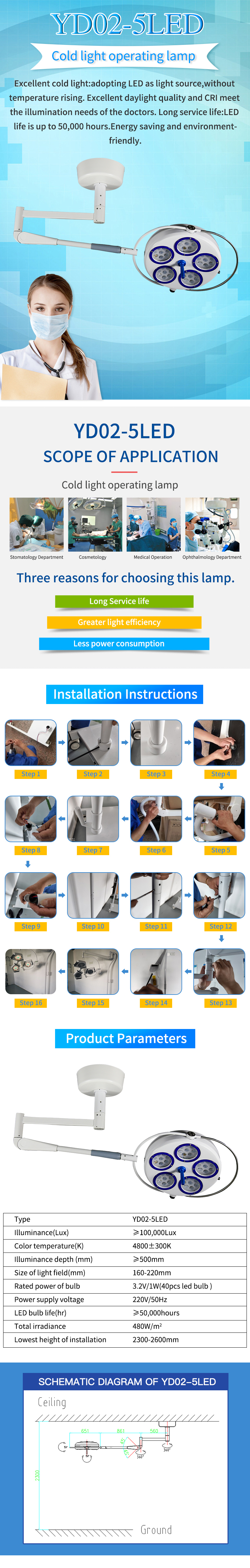 YD02-5 LED led surgical shadowless operation lamp ceiling mounted surgical lamp led