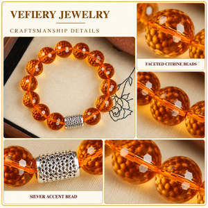 Pulsera Elástica de Cuentas Redondas de Citrino Natural Naranja con Detalles Decorativos en Tono Plateado para Mujer, Joyería al por Mayor - Product Image 3