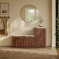 Banc de rangement à chaussures en noyer cannelé de style moderne du milieu du siècle, avec tiroir et porte, meuble d'entrée et organisateur