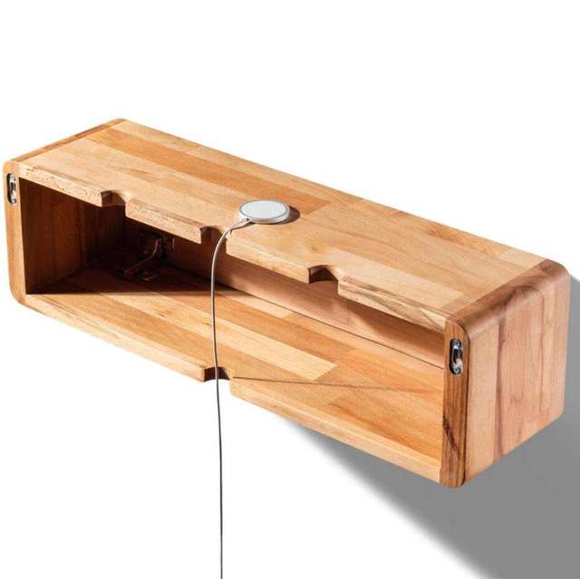 Single-tier Wall Mounted Wood Shelf with Carved Technics Floating Box Storage and Cord Organizer for Living Room or Wardrobe