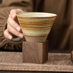 Mug à café <span class=keywords><strong>en</strong></span> céramique rustique vintage créatif avec base <span class=keywords><strong>en</strong></span> <span class=keywords><strong>bois</strong></span>, forme d'entonnoir, tasse à <span class=keywords><strong>latte</strong></span> art, mug à eau pour la maison - Product Image 2