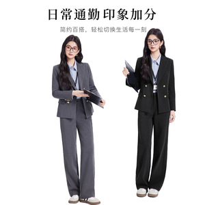 Women's Grey Suit Set Double Breasted Wide Leg Pants Business Work Interview Elegant Anti-Wrinkle Full Sleeve Worsted Fabric - Product Image 2