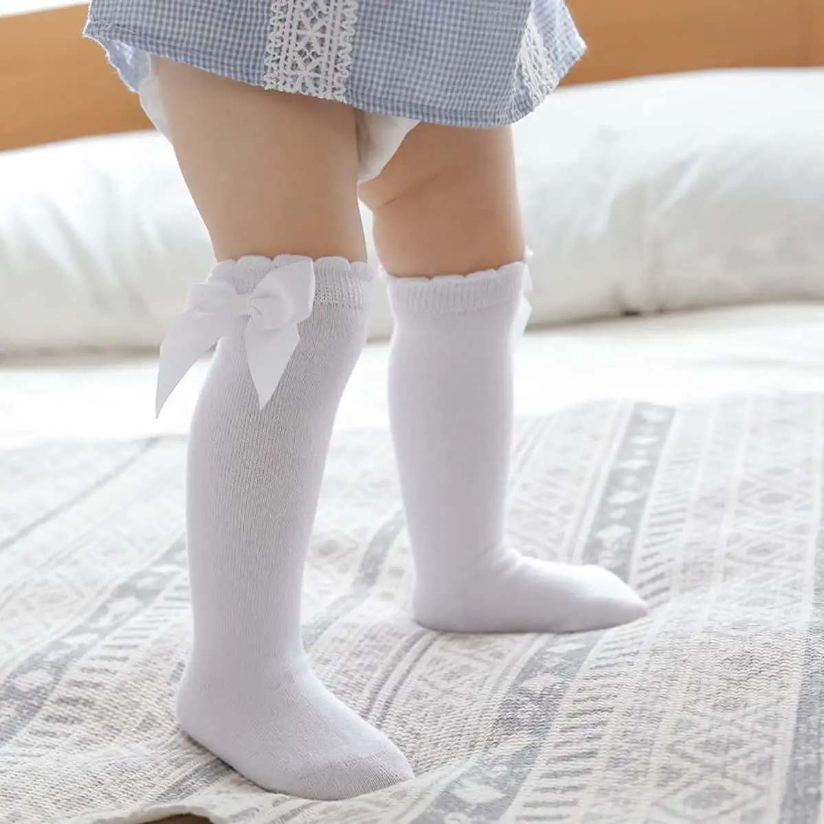 ถุงเท้ายาวถึงเข่าสำหรับเด็กทารกเด็กผู้หญิง,ถุงเท้ายาวติดโบว์แพค3/6ถุงเท้ายาวมีระบายสำหรับเด็กเล็กเลกกิ้งเครื่องแบบนักเรียน