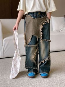 Children's Pants 2024 Spring Girls Retro Wide-leg <strong>Jeans</strong> <strong>Big</strong> Girl Treasure Made Old Denim Color <strong>Star</strong> Raw Pants