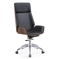 Chaise de bureau de direction moderne en bois courbé avec dossier haut en cuir PU, base en alliage d'aluminium, mécanisme de verrouillage à 4 niveaux, fonction pivotante