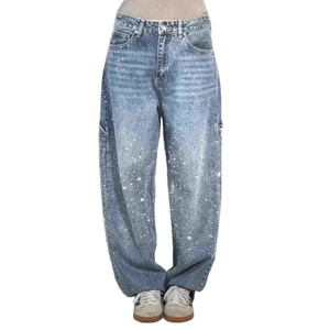 Nuovi <span class=keywords><strong>Jeans</strong></span> da <span class=keywords><strong>Donna</strong></span> a Vita Alta Traspiranti con Motivo a Diamante, Pantaloni Casual con Stampa a Stelle, Stile Semplice, Lavaggio Chiaro, Tessuto in Denim Lavorato a Maglia - Product Image 5