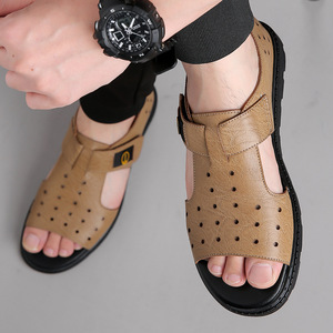 Sandales plates pour hommes en cuir véritable à motif uni, bout ouvert, semelle en caoutchouc respirante, chaussures décontractées d'été avec sangle Velcro - Product Image 2