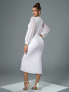 Phong cách tinh khiết trắng v-cổ đầy đủ đèn lồng tay áo eo với Rhinestone trang trí eo cinching hình thức phù hợp bên khe buổi tối Ăn mặc - Product Image 2