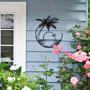 Décoration <span class=keywords><strong>murale</strong></span> en métal gravée, thème Plage Tropicale avec palmiers et aigrettes au lever du soleil, pour environnement extérieur de plage (1 pièce) - Product Image 2