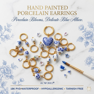 Pendientes de Porcelana Pintados a Mano |   Pendientes de Aro de Acero Inoxidable con Baño de Oro PVD de 18K y Cuentas de Cerámica |   Impermeable, Hipoalergénico y Duradero - Product Image 1