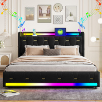 Plongez dans la musique avec le lit en velours, les doubles enceintes Bluetooth, les tiroirs dorés et les lumières RGB 400 couleurs Beige Gris Noir