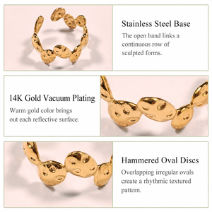 Bague ouverte en acier inoxydable martelé, forme ovale, avec placage sous vide or 14K, options de couleurs or et argent - Product Image 5