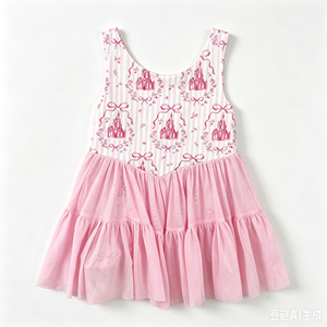 Abito da bambina DH ODM con <span class=keywords><strong>stampa</strong></span> castello da favola, gonna a strati in rete, abbigliamento a tema principessa per parchi divertimento - Product Image 4