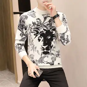 2024 New Men's Winter Thickened Sweater Mink Fleece Half High Collar Lion Head Jacquard Bottom