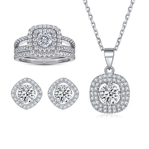 Fashion 925 Sterling <b>Silver</b> CZ Halo Jewelry <b>Set</b>, Classic Round Cut Zirconia Necklace Earrings <b>Ring</b> <b>Set</b> for Women Daily Wear - Product Image 1