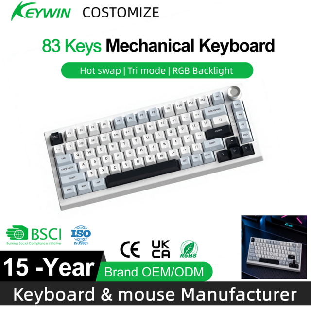 OEM ODM 75% RGB Gasket Mount Tri-mode Mechanical Gaming Keyboard Stock 82 Keys Hotswap RGB Gaming Mechanical Keyboard with Knob