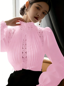 เสื้อผู้หญิงไซส์ใหญ่ สีชมพูล้วน แต่งลูกไม้ คอทรงโอ ดีไซน์หรูหรา ผ้าชีฟองจับจีบ แขนทรงโคมไฟ เหมาะสำหรับใส่ในฤดูใบไม้ผลิ/ฤดูใบไม้ร่วง สวมใส่ได้ทั้งแบบเป็นทางการและลำลอง - Product Image 1