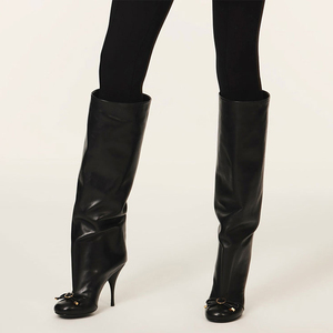 Size 44 Leopard Print <b>Round</b> <b>Toe</b> Women's Knee High Boots Metal Buckles High <b>Heels</b> Long Bow Boots on Custom Shoes - Product Image 1