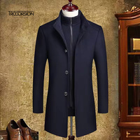 Manteau Slim en Laine à Simple Boutonnage pour Homme Automne/Hiver Manteau Chaud à Boutons Décorés à Fermeture Éclair Pardessus Longue Longueur Faux Design Deux Pièces