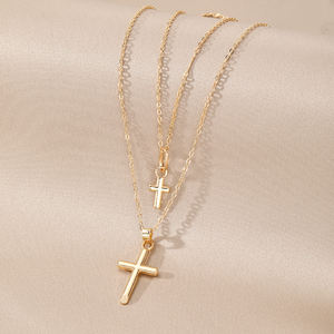 Showfay kalung liontin 2 in 1 salib tradisional untuk wanita kalung rantai lapis ganda paduan perhiasan iman Kristen - Product Image 4