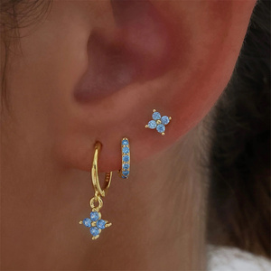Juego de 3 Aretes de Plata de Ley 925 Chapados en Oro de 18K para Mujer, Diseño de Pétalo, Micro Pavé, Ópalo, Circonita Cúbica, Regalo de Joyería - Product Image 5