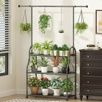 Support de plantes en fer à 3 niveaux avec barre de suspension supérieure, organisateur de rangement multi-niveaux pour pots de fleurs, idéal pour salon et jardin