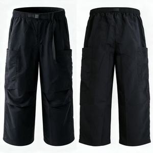 Pantalon décontracté noir à jambes larges, taille élastique, cordon de serrage, plusieurs poches, streetwear pour hommes - Product Image 2