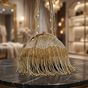 Bolso de Mano de Lujo Hecho a Mano con Bordado de Perlas y Cuentas, con Marco Metálico de Media Luna, con Correa para el Hombro, para Fiestas y Bodas - Product Image 2