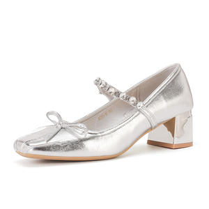 Silver Round Toe Mary Jane <b>Pumps</b> with Rhinestone Bow 6cm Low Heel PU Upper Rubber Outsole Formal for Women - Product Image 5