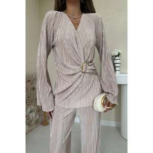 ชุดเซ็ตผ้าซาตินจับจีบแขนยาวสีเบจสำหรับผู้หญิง ดีไซน์หรูหรา ระบายอากาศได้ดี แฟชั่นทันสมัย - Product Image 2