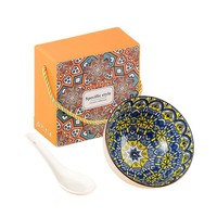 Ensemble de bols en céramique et porcelaine de 4,5 pouces, style bohème et luxe léger, vintage, passe au micro-ondes, boîte cadeau avec cuillère pour cadeau de mariage