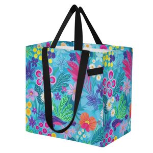 <b>Large</b> Colorful Floral Pattern <b>Canvas</b> Storage Shopping <b>Bag</b> Reusable Grocery <b>Bag</b> with Long Handles for Travel - Product Image 1