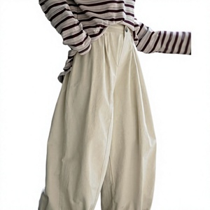 Pantalones de cintura alta para mujer, de pierna ancha, de color liso, de lona, holgados, largos, informales, de otoño, con cintura elástica y bolsillos - Product Image 3