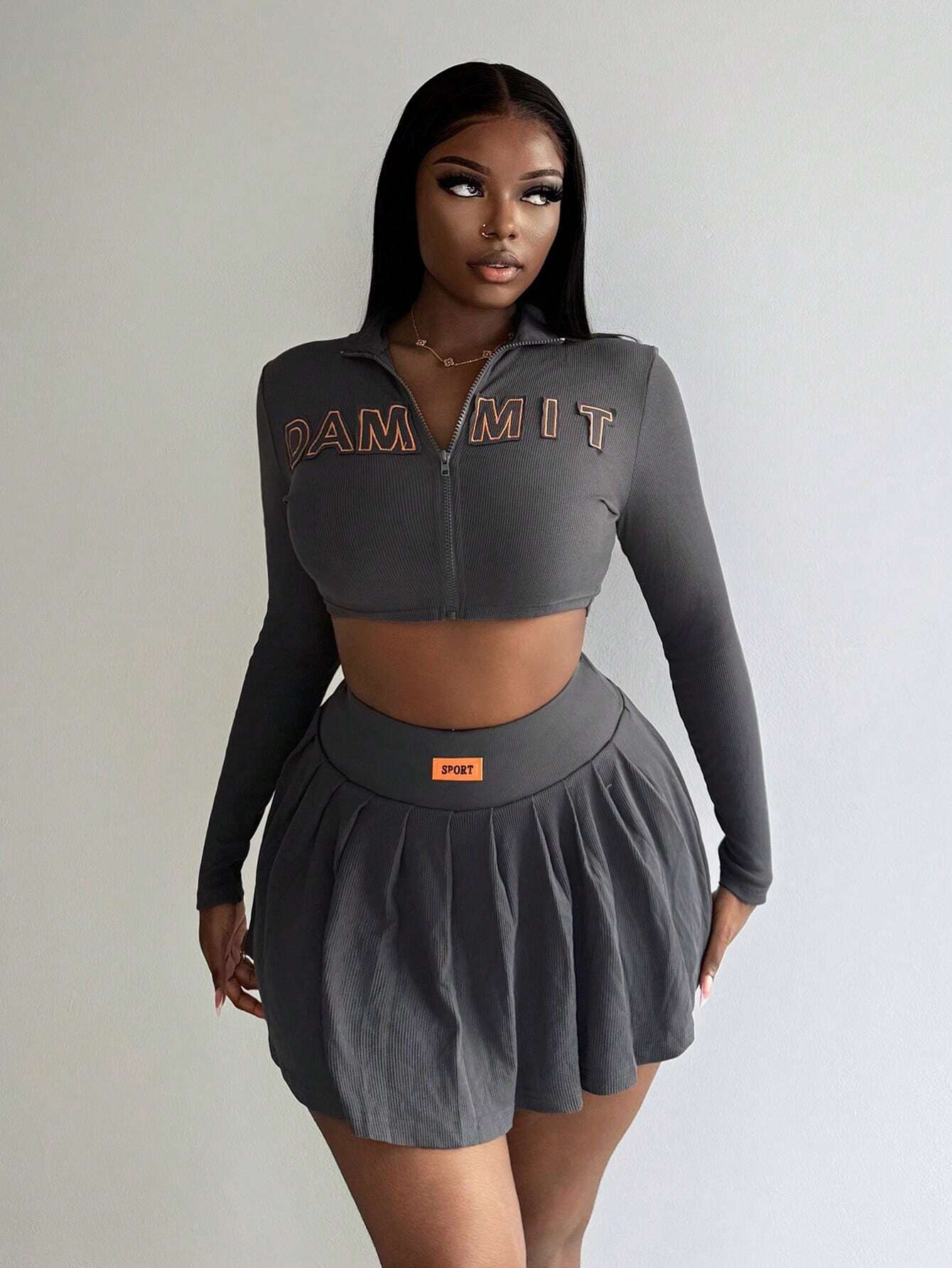 Custom Embroidered Patch Acid Wash Ribbed Knit Set Zip up Crop Jacket High Waist Pleated Skirt Sets Women 2 Piece Outfits · image 2