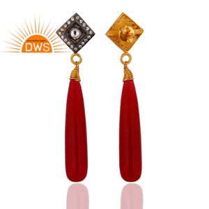 Boucles d'oreilles pendantes en argent plaqué or jaune avec pierre précieuse rouge aventurine CZ tendance, bijoux de créateur - Product Image 2