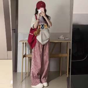 Pigiami estivi con pigiama donna che esplora vestiti <span class=keywords><strong>per</strong></span> la casa lunghi lunghi grigiuti tre cuccioli pantaloni a quadri rossi pigiama - Product Image 2