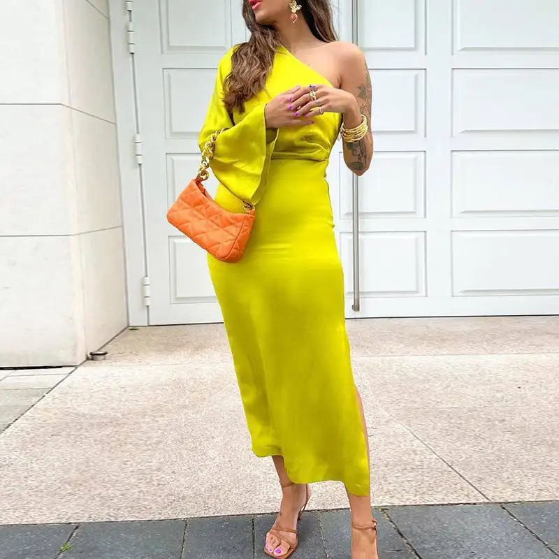 Elegant Yellow Long Sleeve One Shoulder Midi Dresses For Women