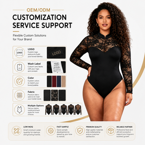 Wholesale Custom Plus Size <b>Black</b> <b>Lace</b> Shapewear <b>Bodysuit</b> Women <b>Long</b> <b>Sleeve</b> Mesh Waist Trainer Tummy Control Body Shaper - Product Image 5